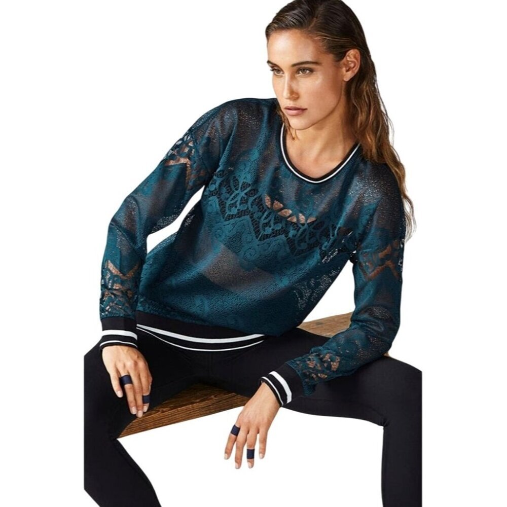 Fabletics Shirt Women Large Green‎ Spruce Sophie Lace Tunic Athleisure Yoga